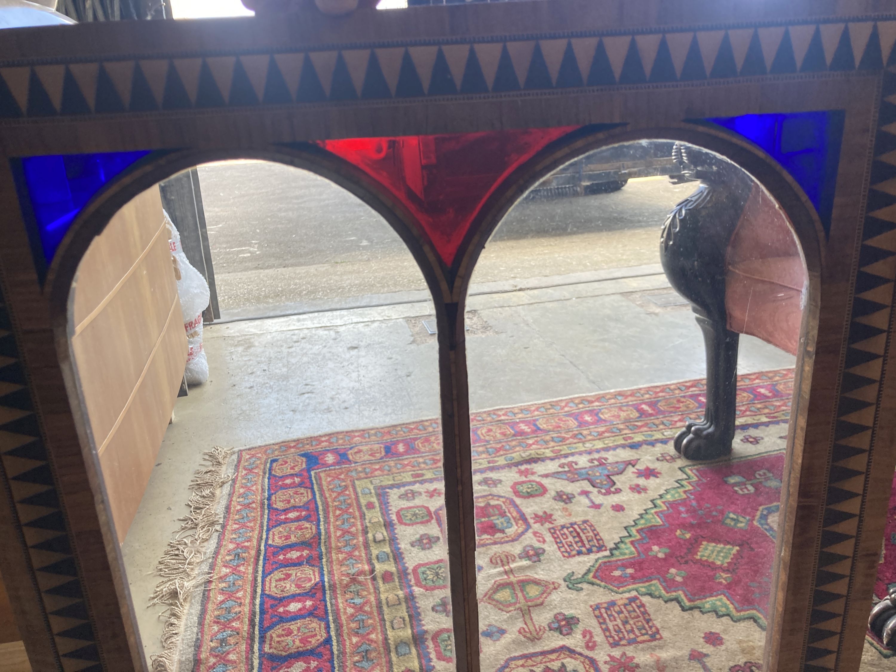 A pair of Victorian inlaid part stained glass cabinet doors, each door width 49cm, height 92cm